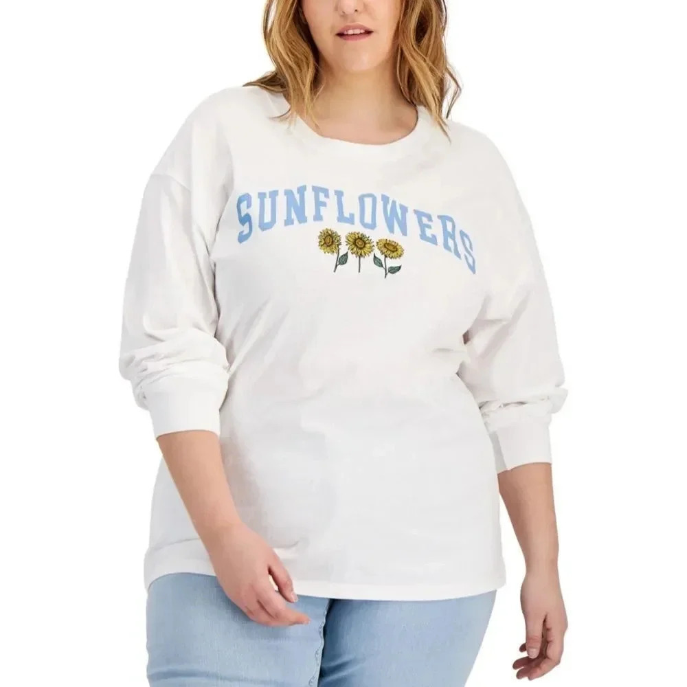 Women Cotton Trendy Plus Size Sunflowers Long-Sleeve T-Shirt